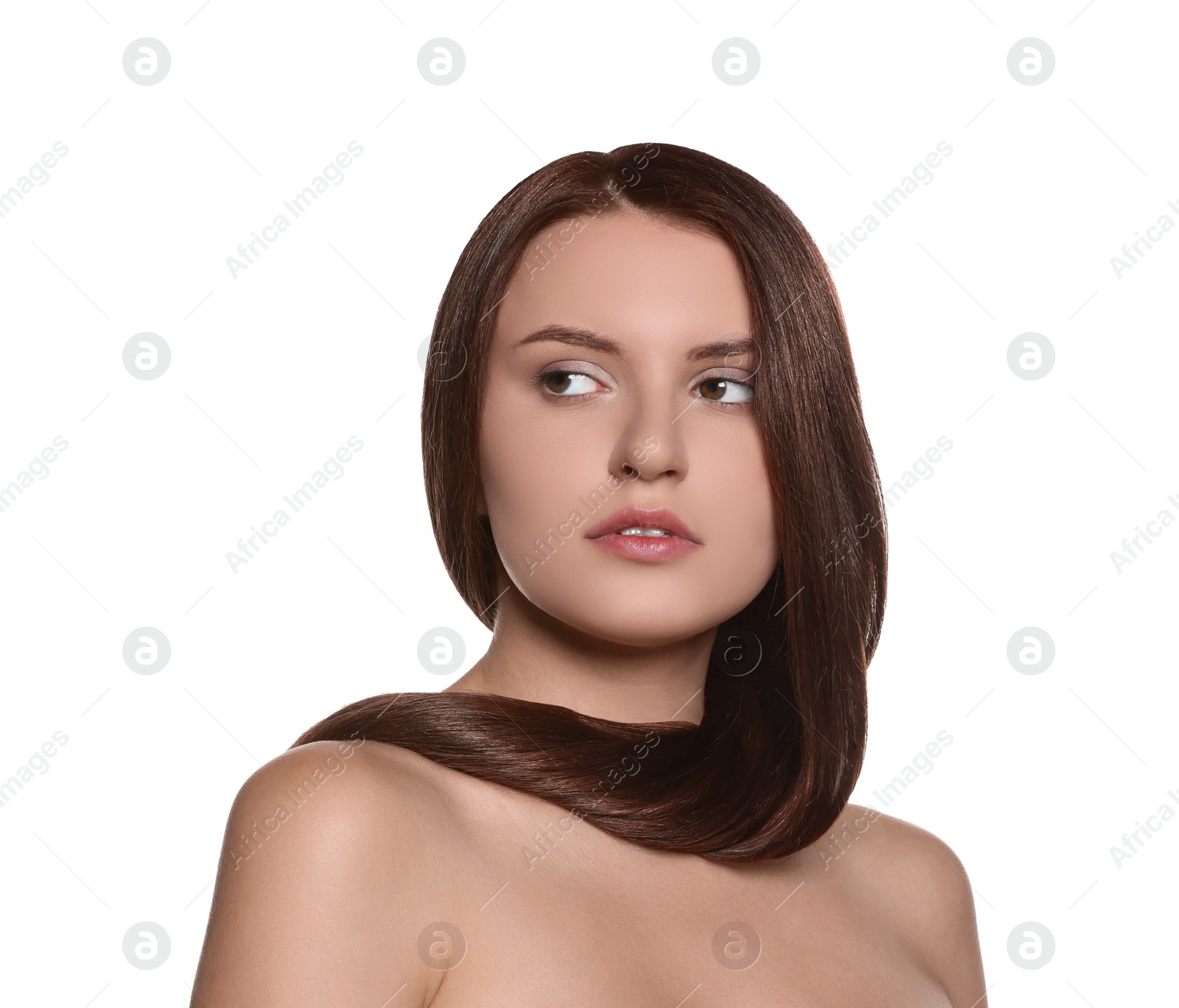 Photo of Portrait of beautiful young woman with healthy strong hair on white background