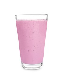 Photo of Delicious blackberry smoothie in glass on white background