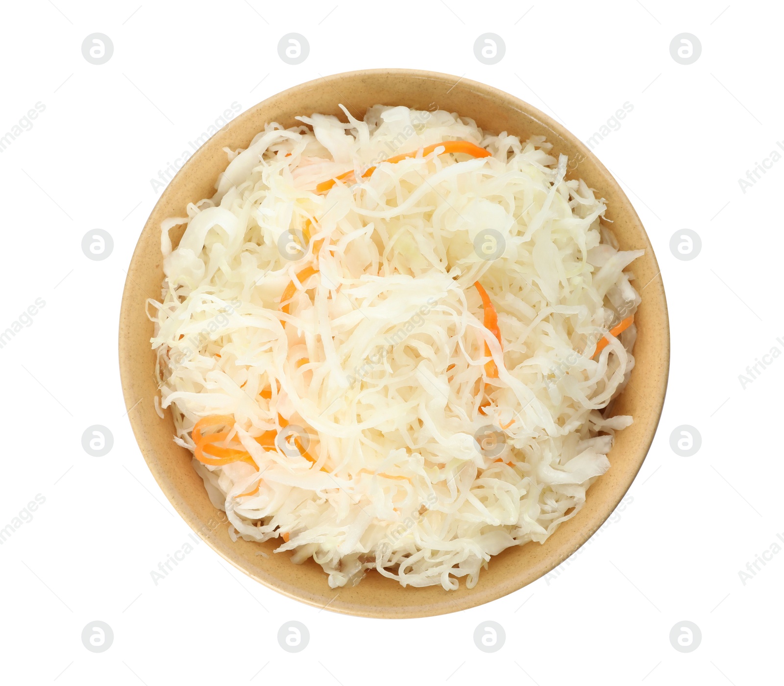 Photo of Bowl of tasty fermented cabbage isolated on white, top view