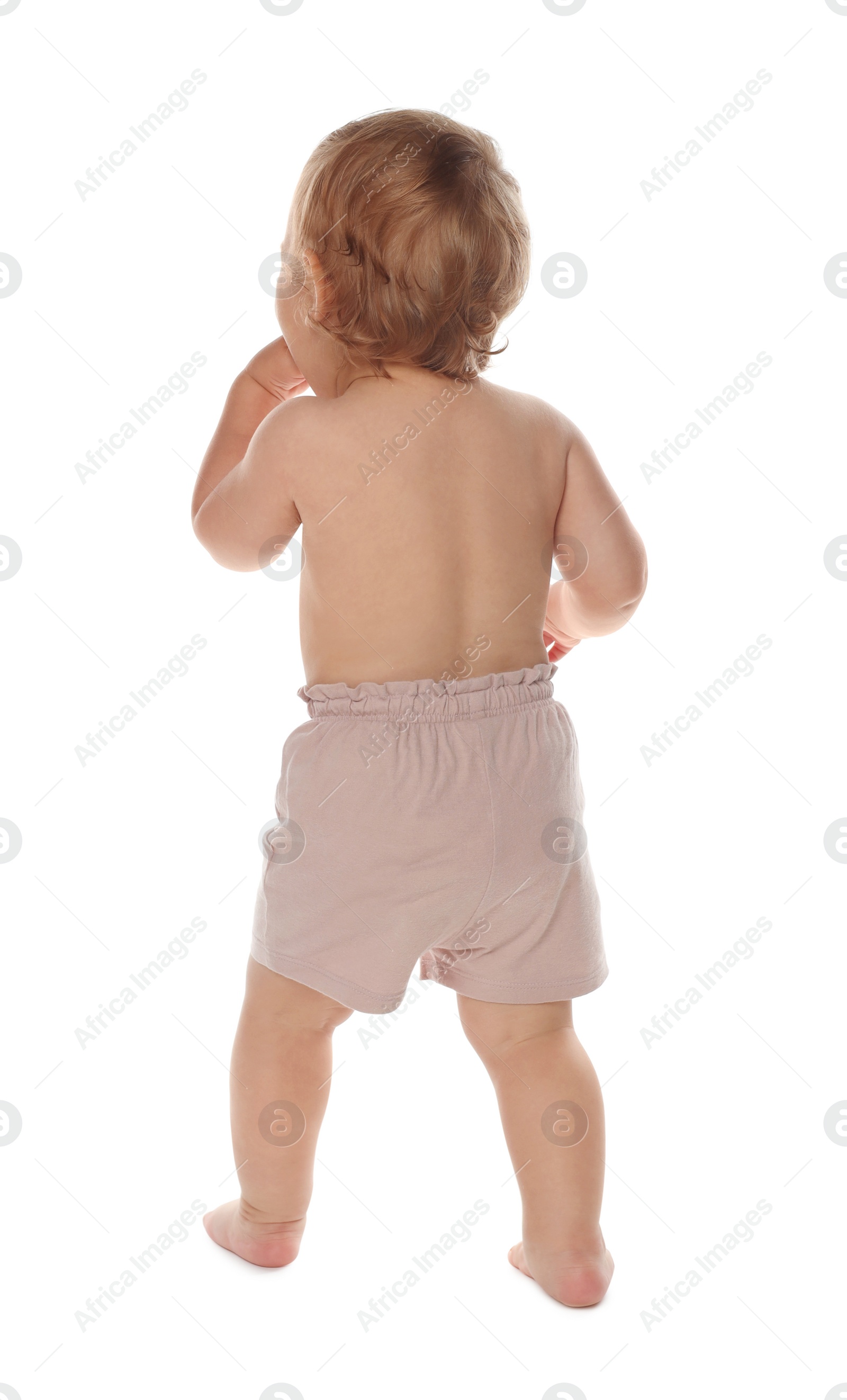 Photo of Cute baby in shorts learning to walk on white background, back view