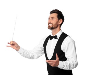 Photo of Happy professional conductor with baton on white background