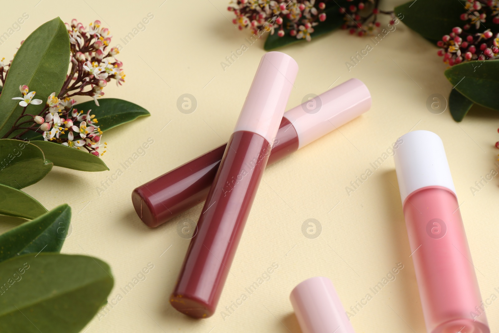 Photo of Different lip glosses, green leaves and flowers on pale yellow background, closeup