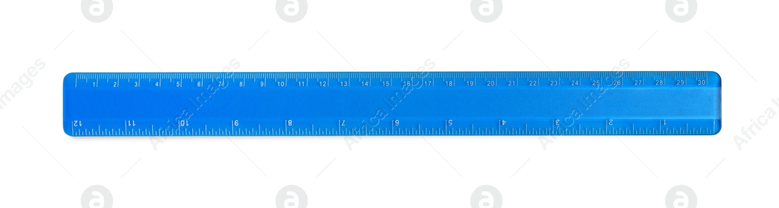 Photo of Ruler with measuring length markings in centimeters isolated on white, top view