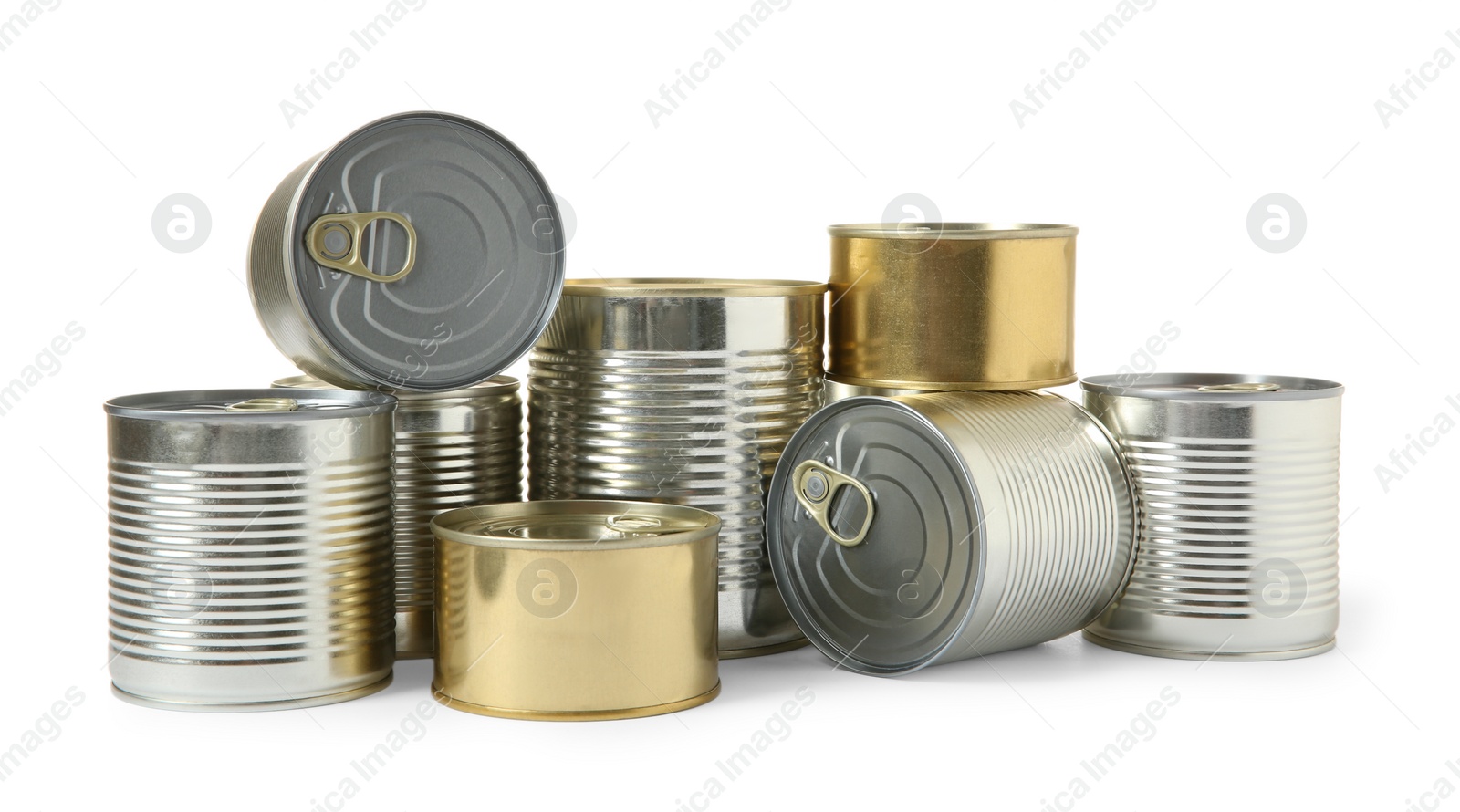 Photo of Closed tin cans isolated on white, mockup for design