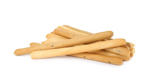 Fresh delicious grissini sticks on white background