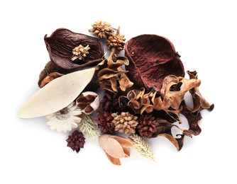 Aromatic potpourri of dried flowers on white background