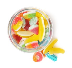 Tasty jelly candies in jar on white background, top view