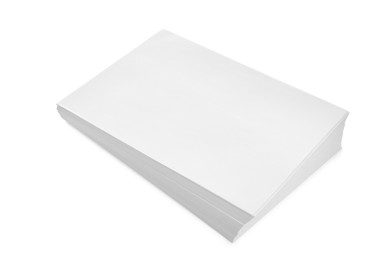 Photo of Stack of blank paper sheets isolated on white, above view. Space for text