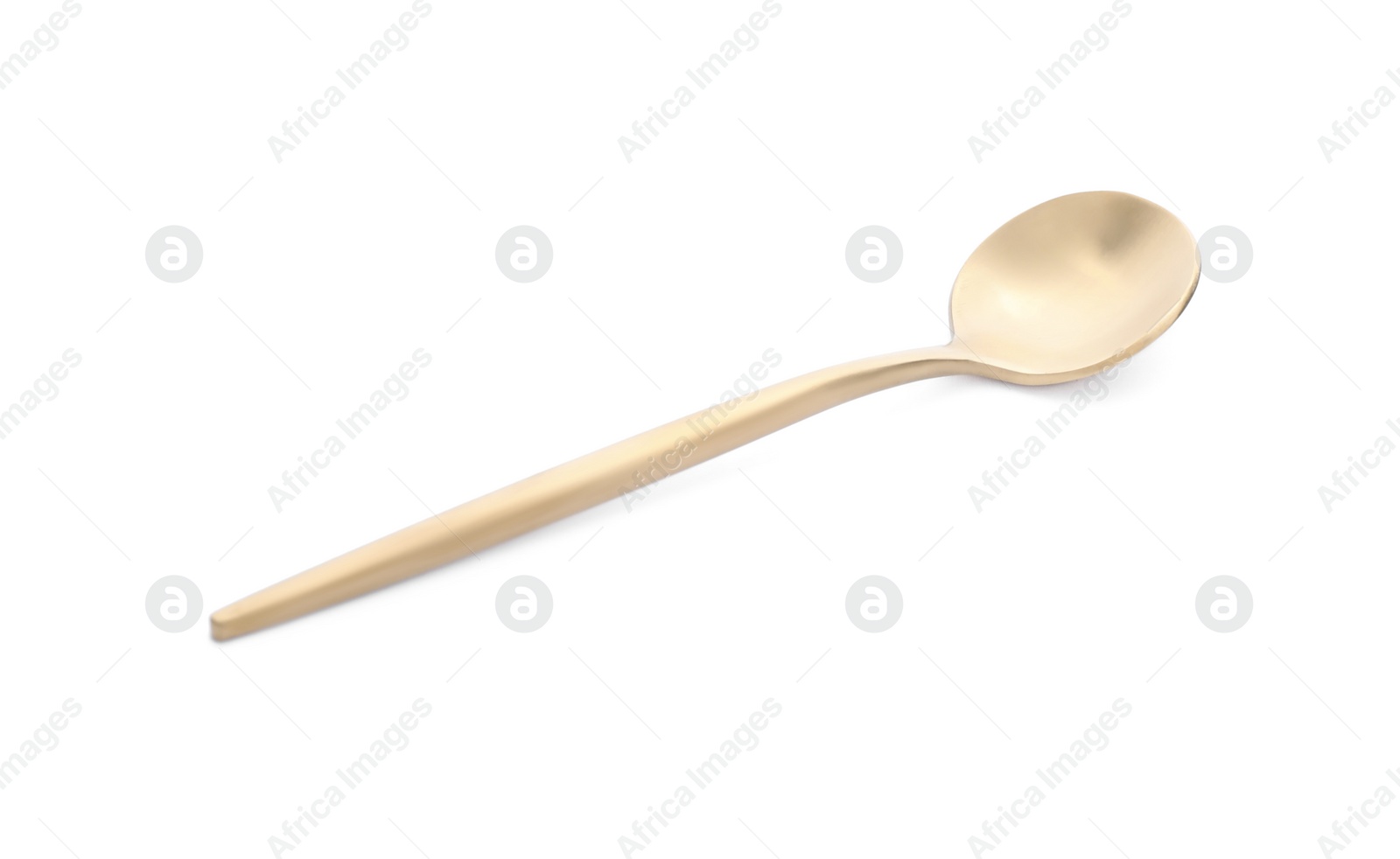 Photo of Shiny golden tea spoon isolated on white