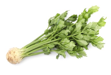 Photo of Fresh raw celery root with stalks isolated on white, top view