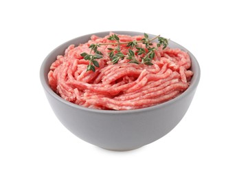 Photo of Fresh raw ground meat and thyme in bowl isolated on white