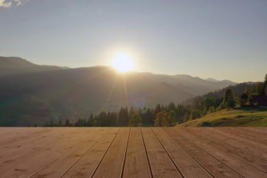 Image of Empty wooden surface, beautiful view of mountain landscape