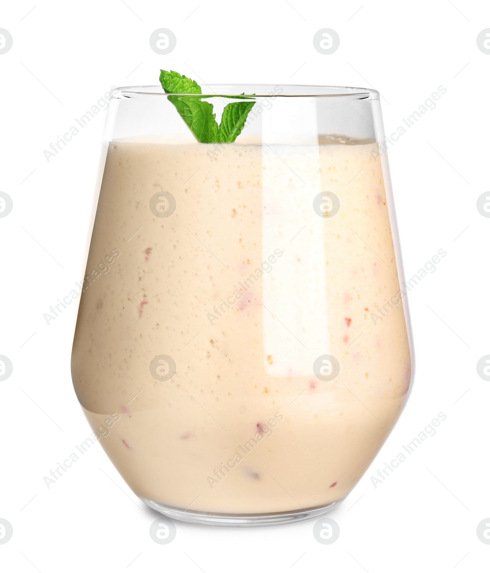 Photo of Tasty milk shake with mint leaves isolated on white