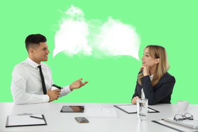 Image of Office employees talking at table during meeting. Dialogue illustration with speech bubbles in smoke on green background