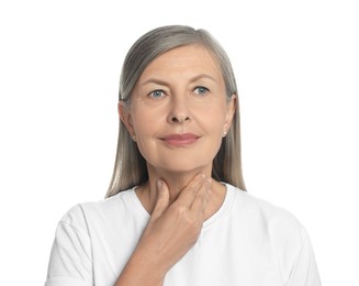 Endocrine system. Senior woman doing thyroid self examination on white background