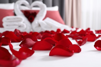 Photo of Honeymoon. Swans made with towels and beautiful rose petals on bed in room, selective focus