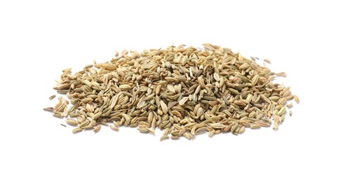 Pile of dry fennel seeds isolated on white