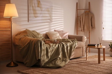 Photo of Comfortable sofa with soft blanket in stylish room interior