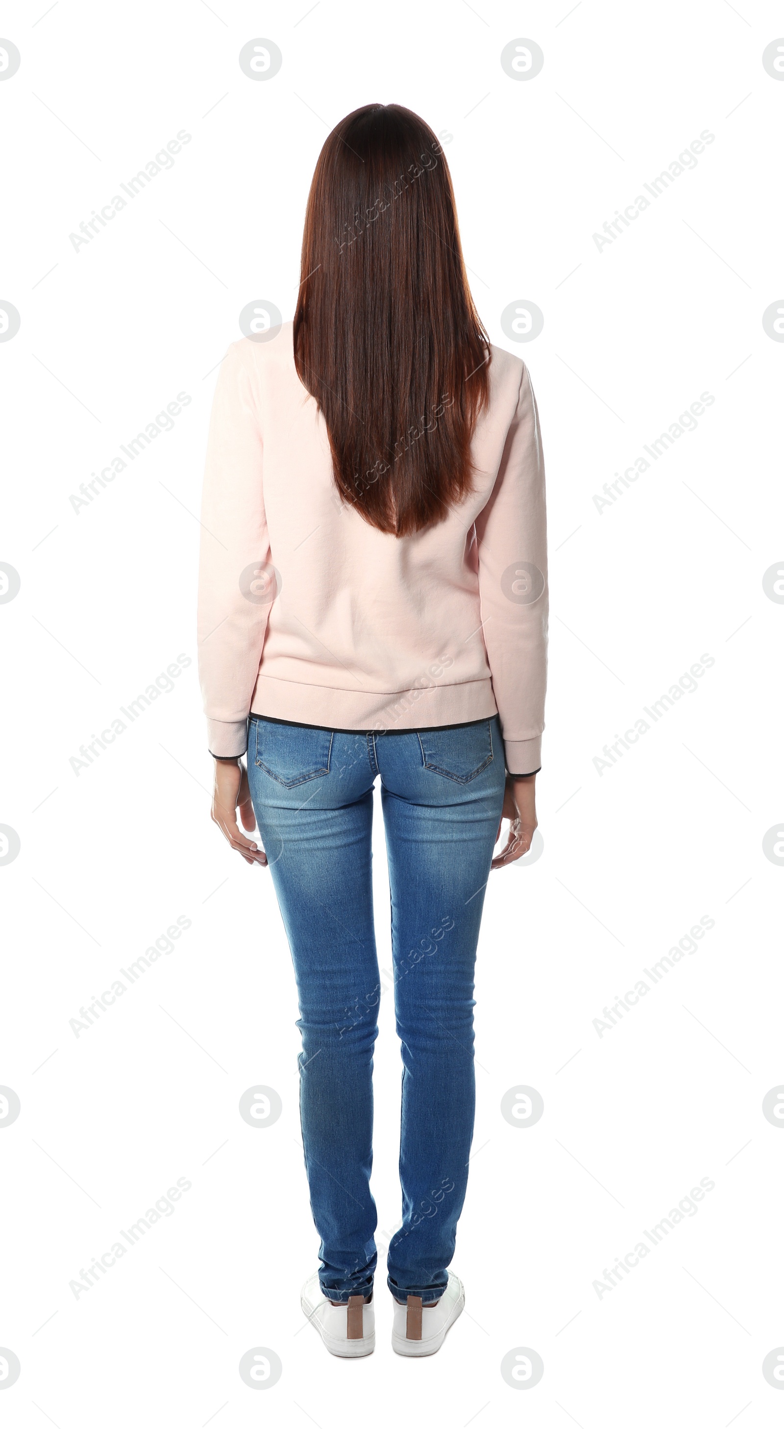 Photo of Brunette woman with long hair posing on white background