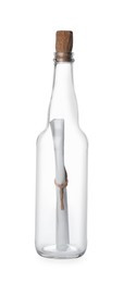 Corked glass bottle with rolled paper note on white background