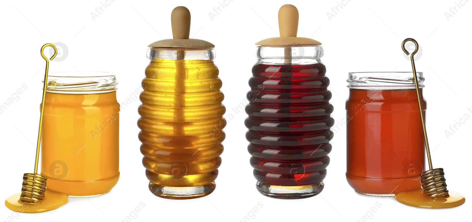 Image of Set of different jars with organic honey on white background