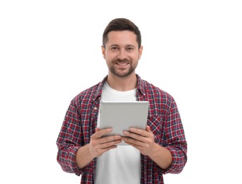 Photo of Happy man with tablet on white background