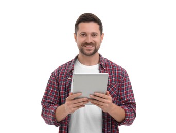 Happy man with tablet on white background