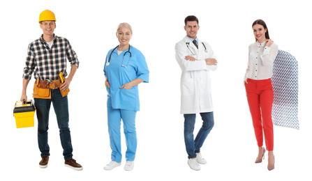 Collage with people of different professions on white background. Banner design 