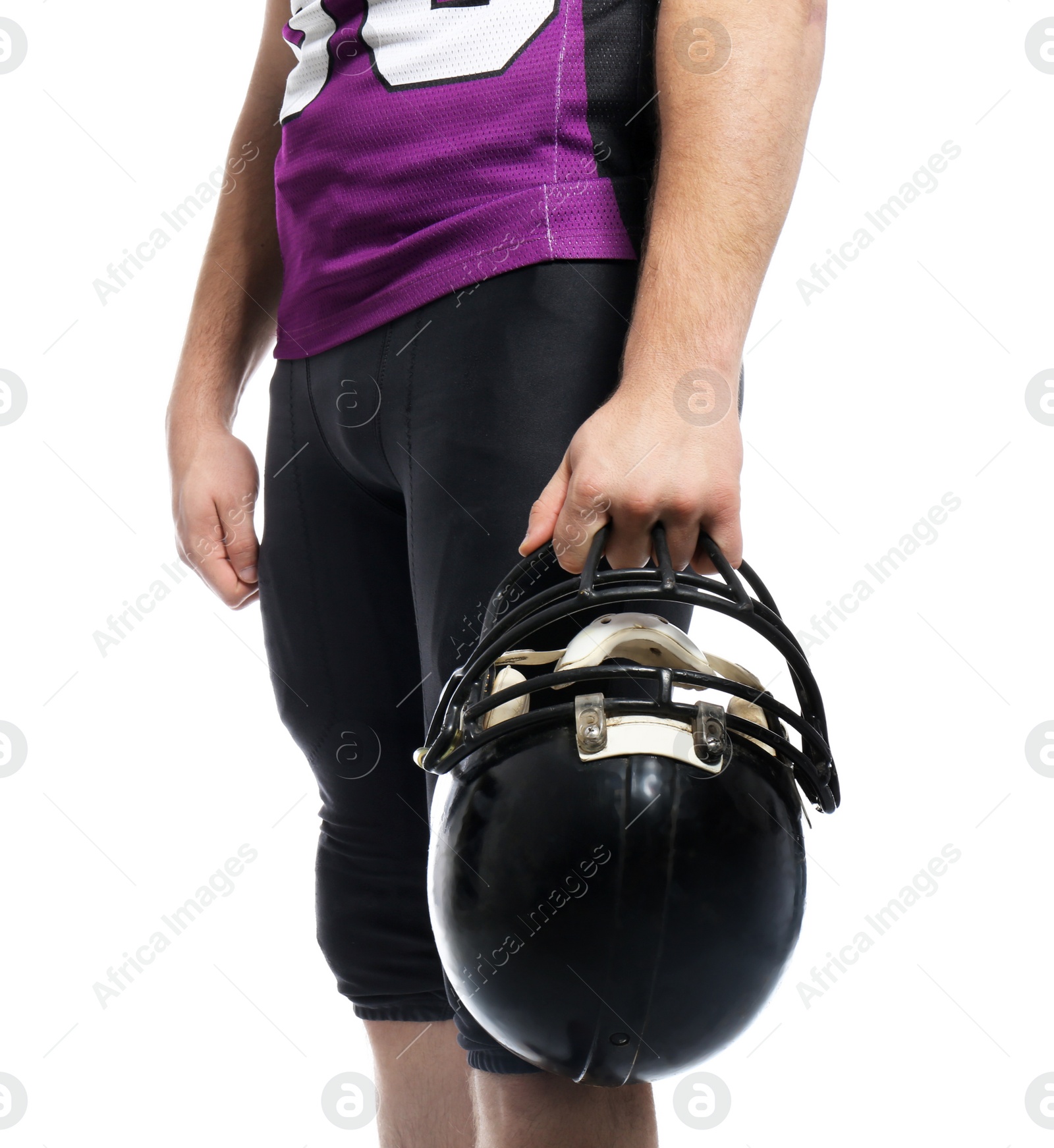 Photo of American football player with helmet wearing uniform on white background, closeup