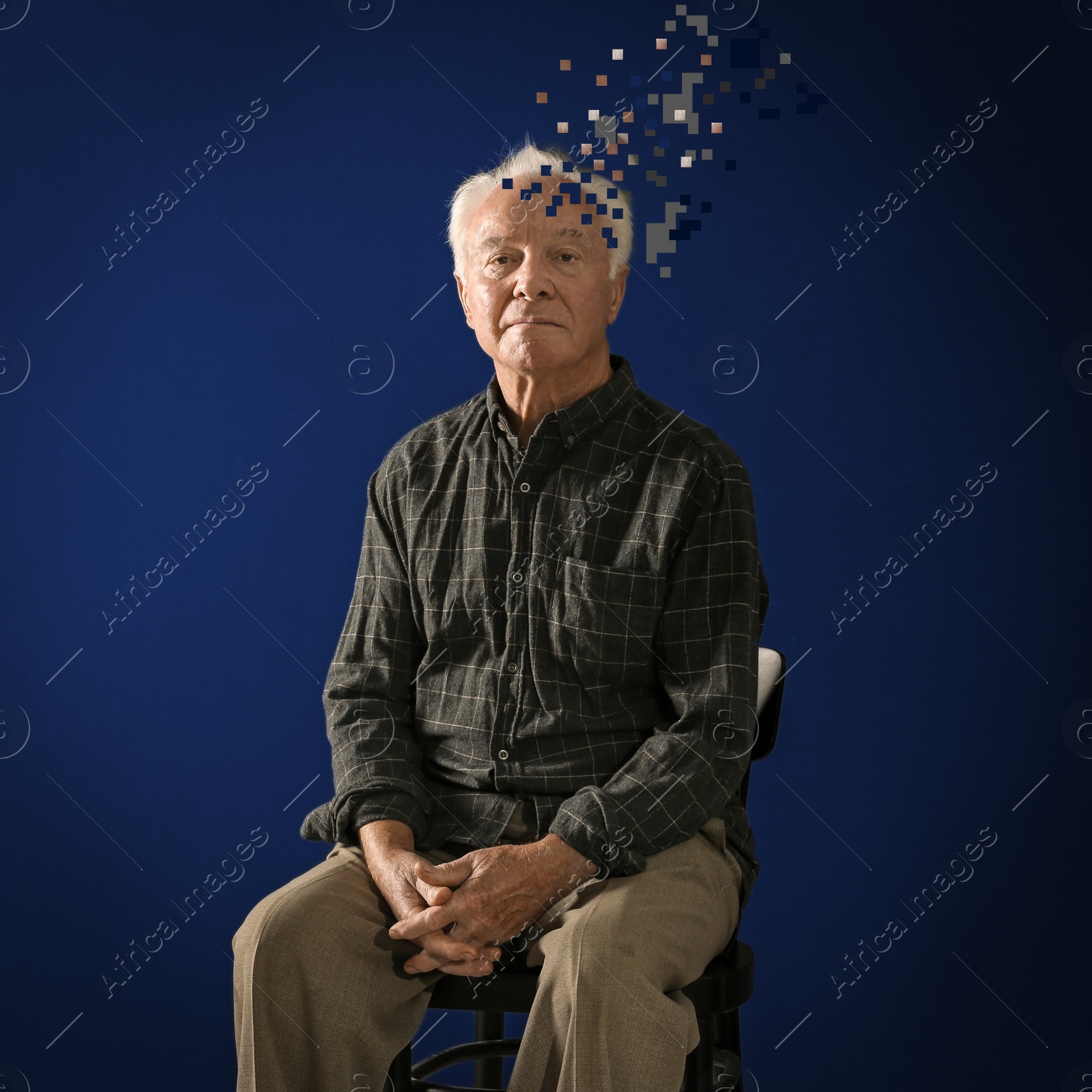 Image of Elderly man with dementia on blue background. Illustration of head losing fragments