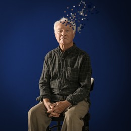 Elderly man with dementia on blue background. Illustration of head losing fragments