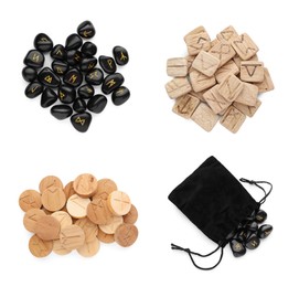 Collage with sets of black stone and wooden runes on white background, top view. Divination tool