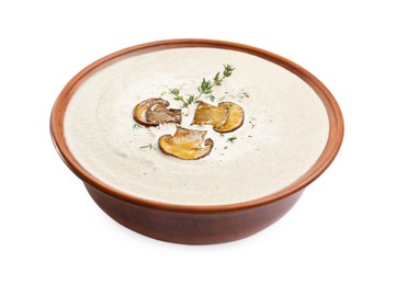 Photo of Fresh homemade mushroom soup in ceramic bowl isolated on white