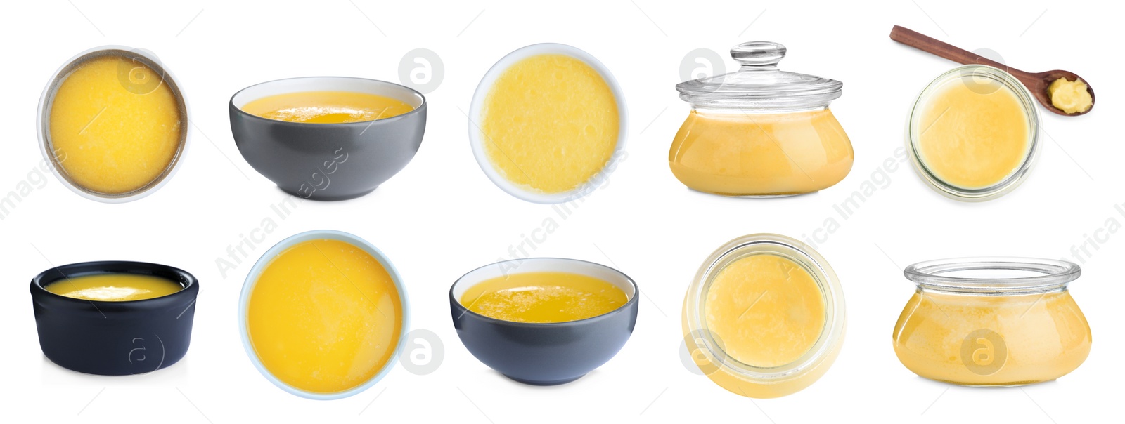 Image of Set with tasty ghee butter on white background. Banner design