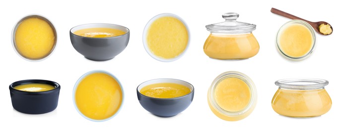 Image of Set with tasty ghee butter on white background. Banner design