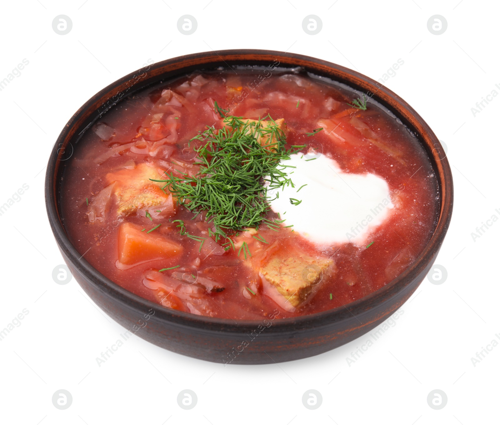 Photo of Tasty borscht with sour cream in bowl isolated on white