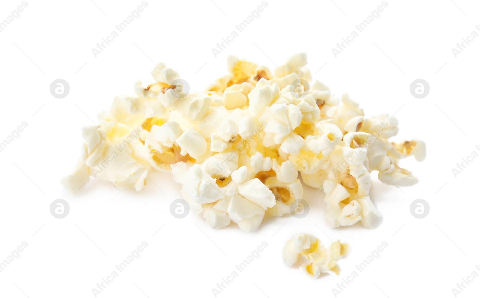 Photo of Pile of delicious fresh popcorn on white background