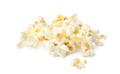 Pile of delicious fresh popcorn on white background