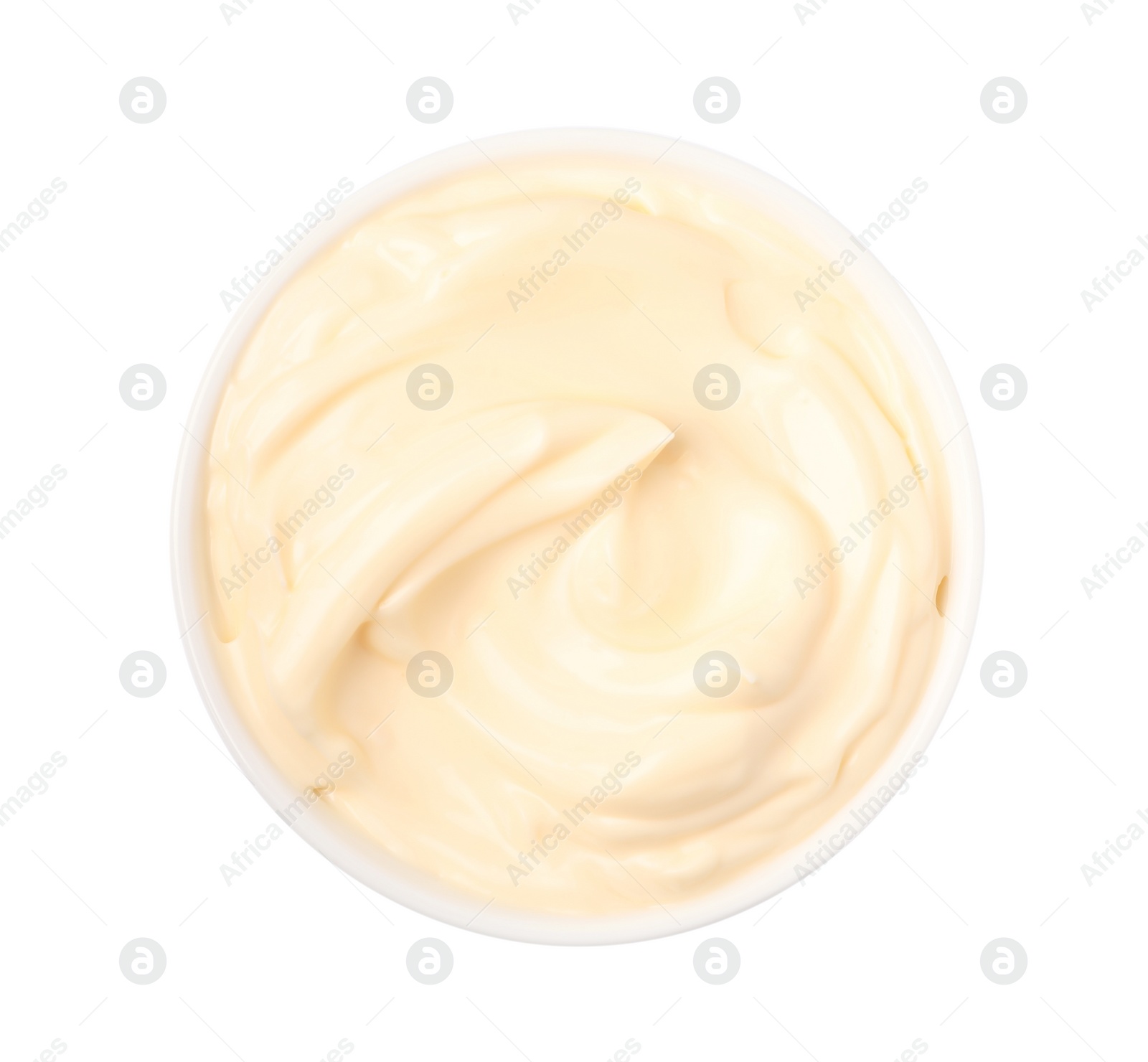 Photo of Tasty mayonnaise in bowl isolated on white, top view