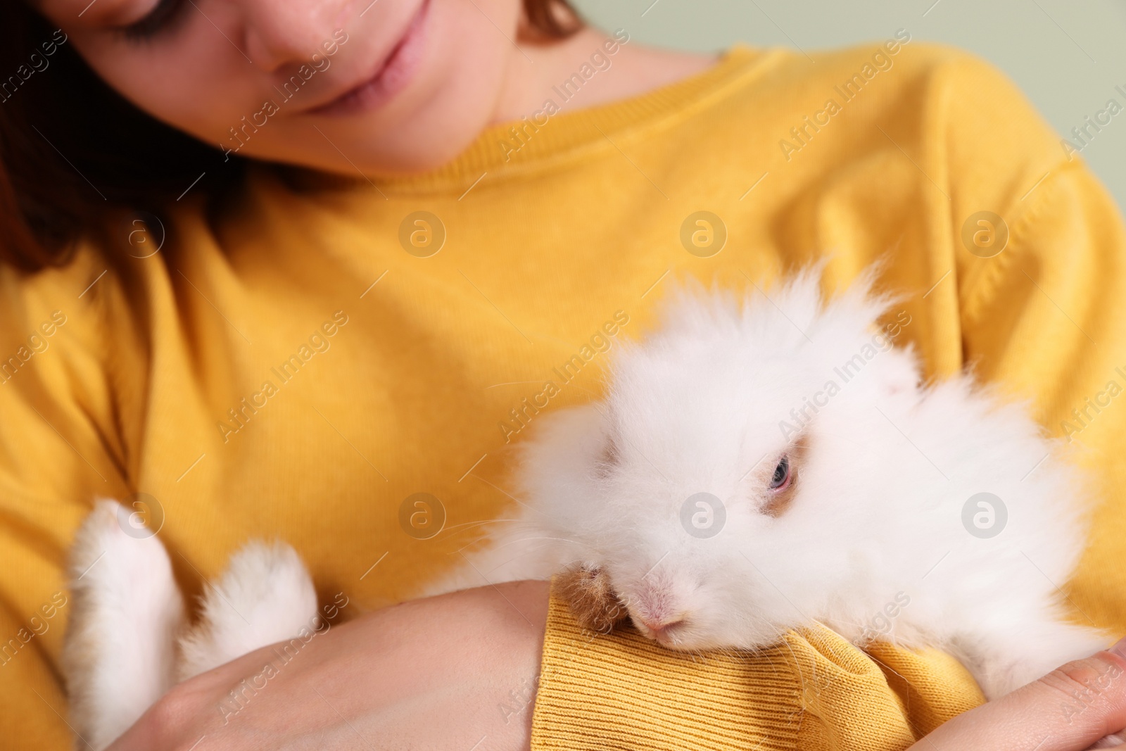 Photo of Woman with fluffy white rabbit, closeup. Cute pet