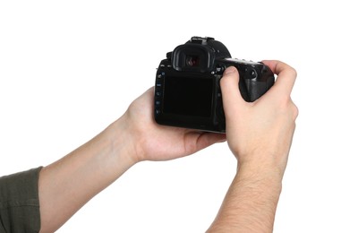 Photo of Photographer holding modern camera on white background, closeup