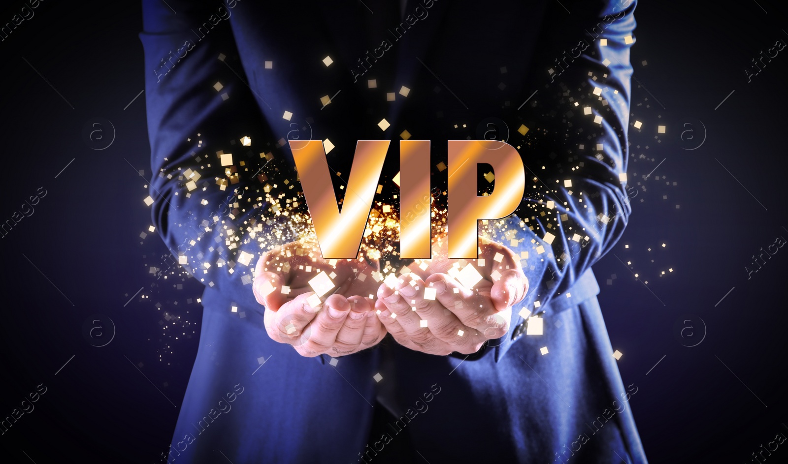 Image of VIP member. Closeup view of man showing virtual abbreviation on dark background