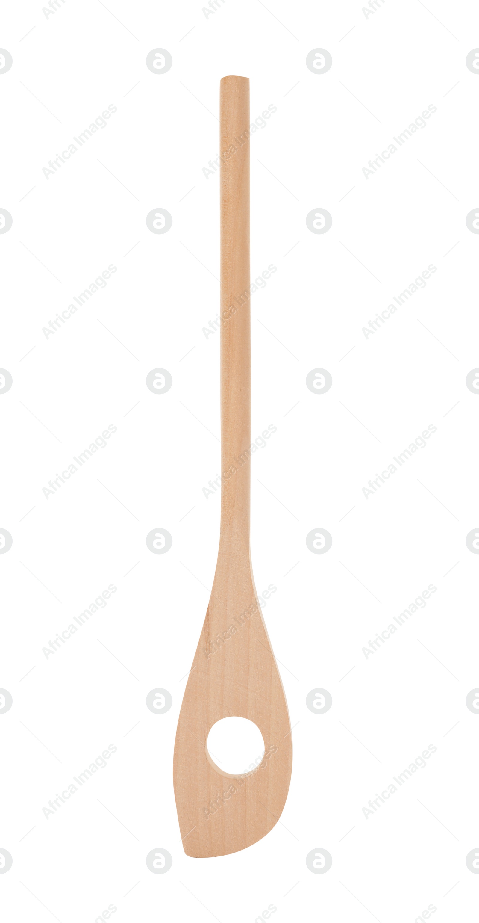 Photo of Wooden single hole spatula isolated on white. Kitchen utensil