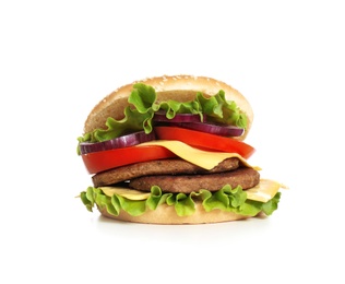 Photo of Tasty homemade burger with cheese on white background