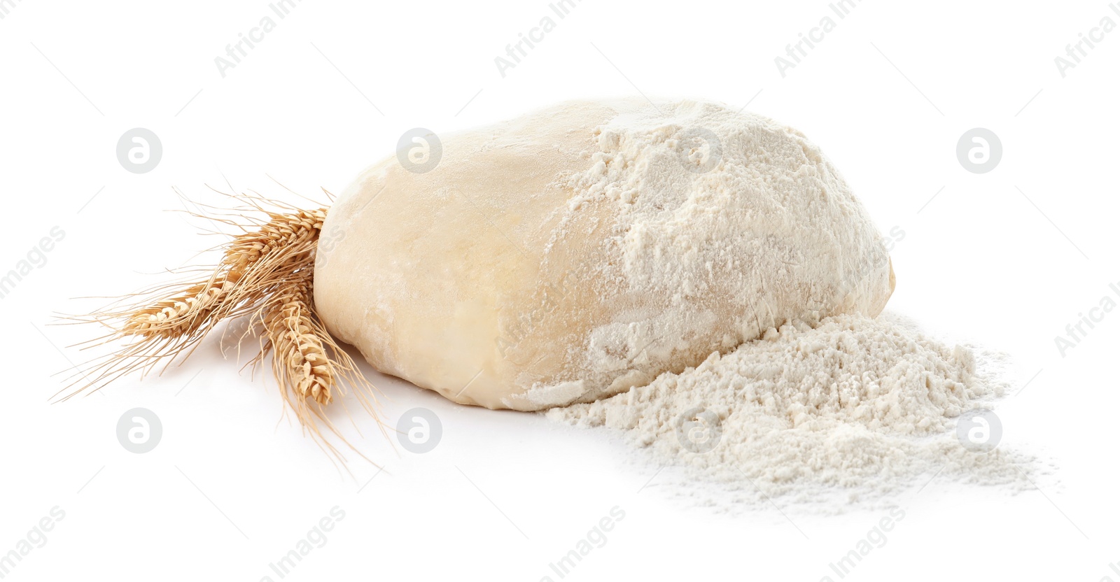 Photo of Dough, flour and spikelets on white background. Cooking pastries