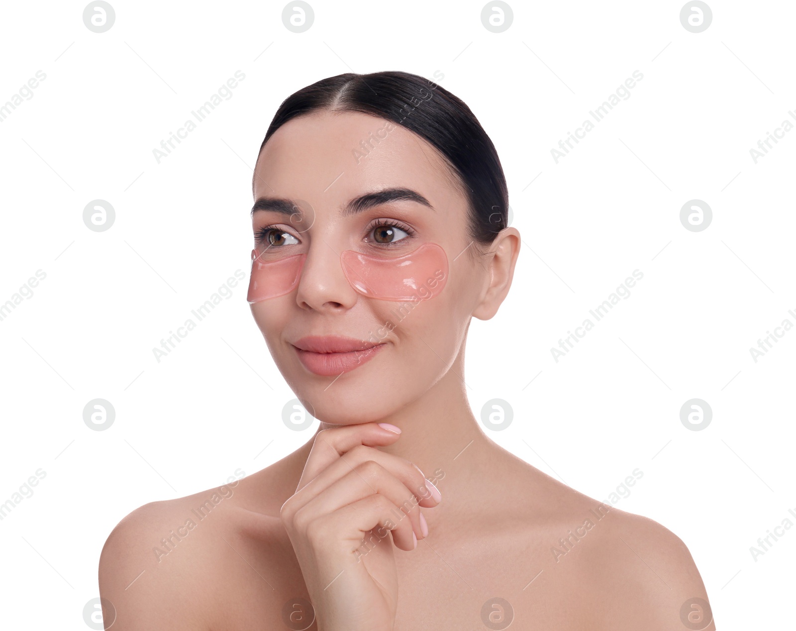 Photo of Beautiful young woman with under eye patches on white background