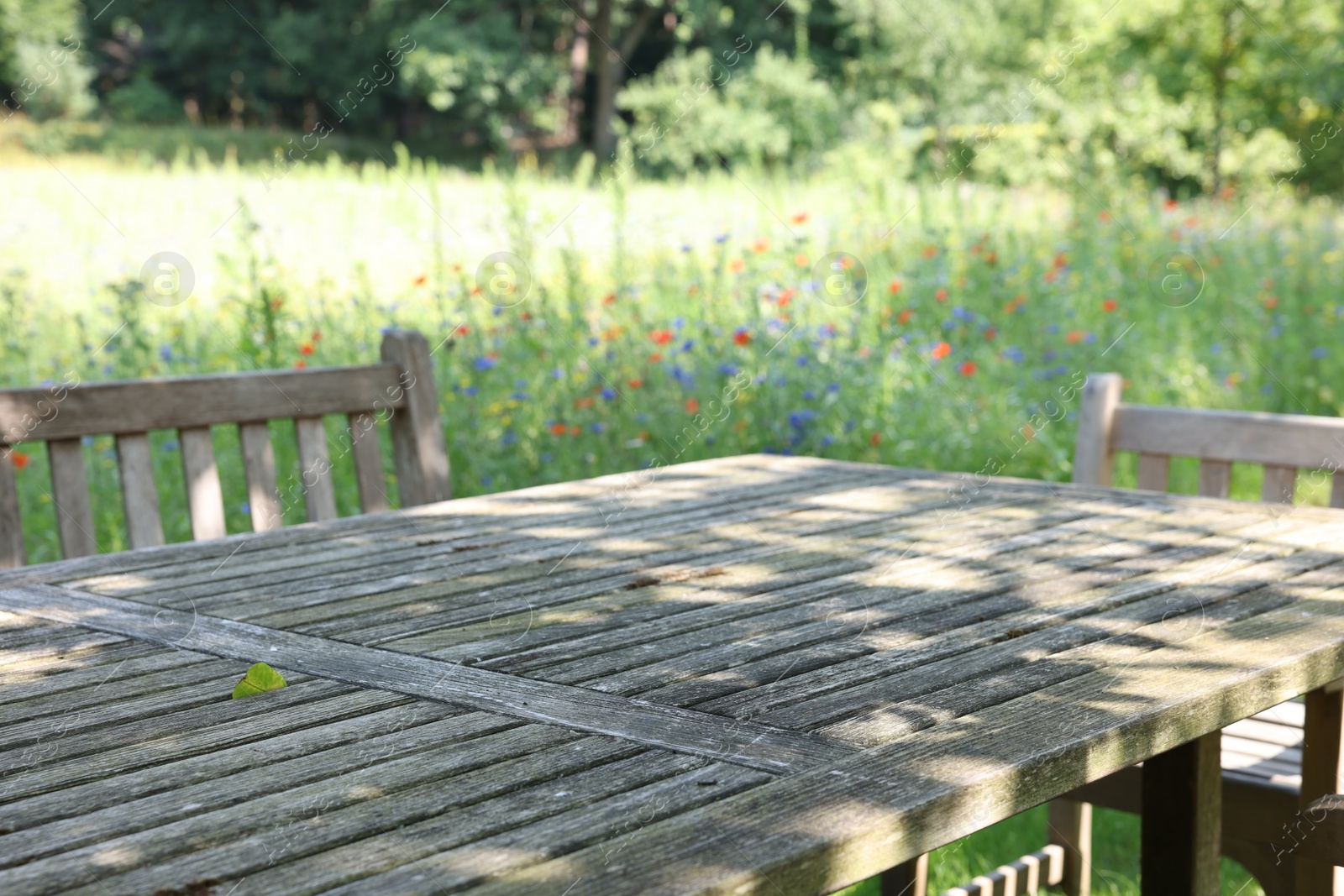 Photo of Empty wooden table with bench on sunny day in garden