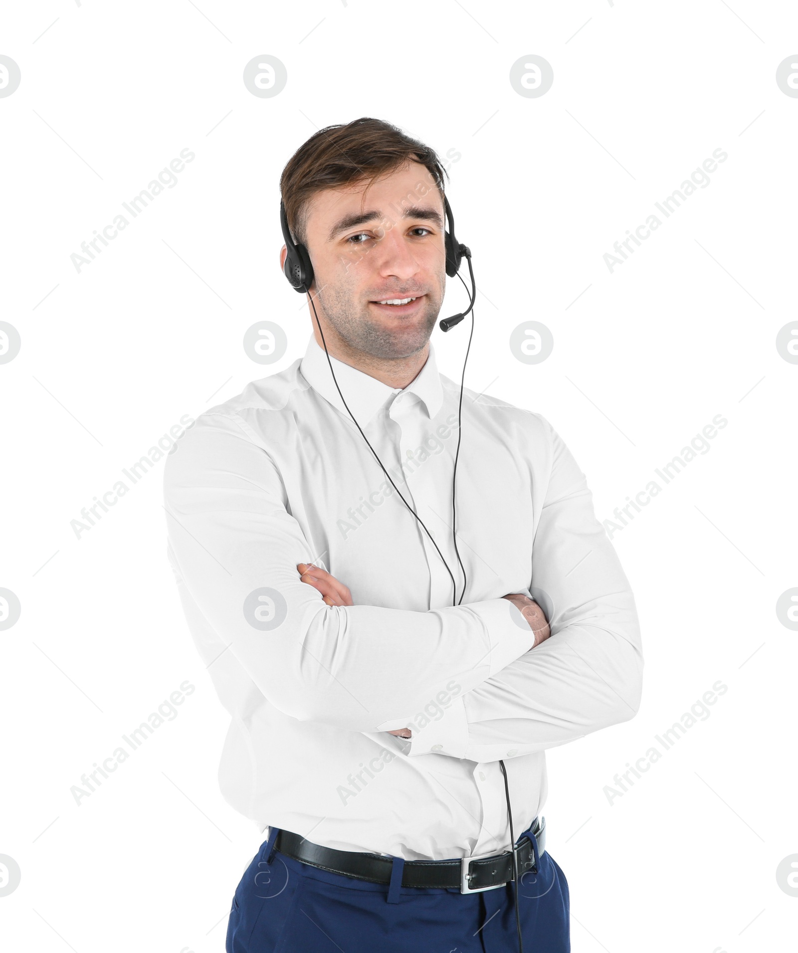 Photo of Male technical support operator with headset isolated on white