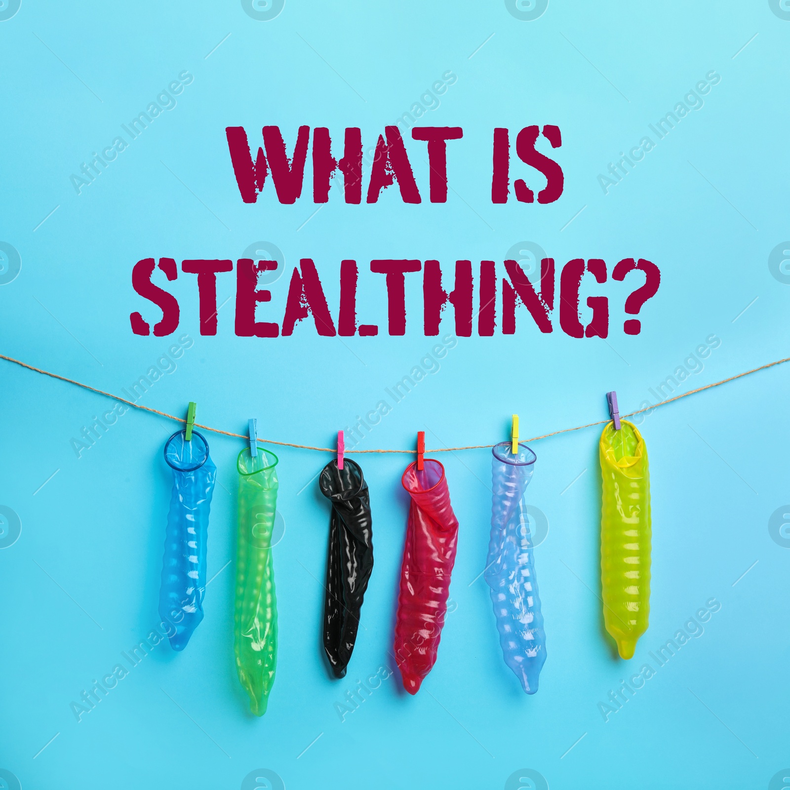 Image of What Is Stealthing? Used colorful condoms hanging on clothesline against light blue background