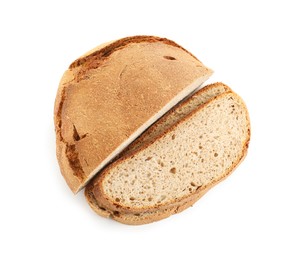 Photo of Freshly baked cut sourdough bread isolated on white, top view